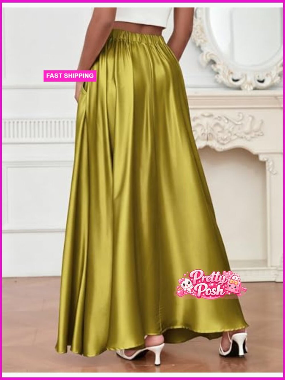 High Waisted Flowy Maxi Skirt with Pockets Satin - Picture 6 of 6